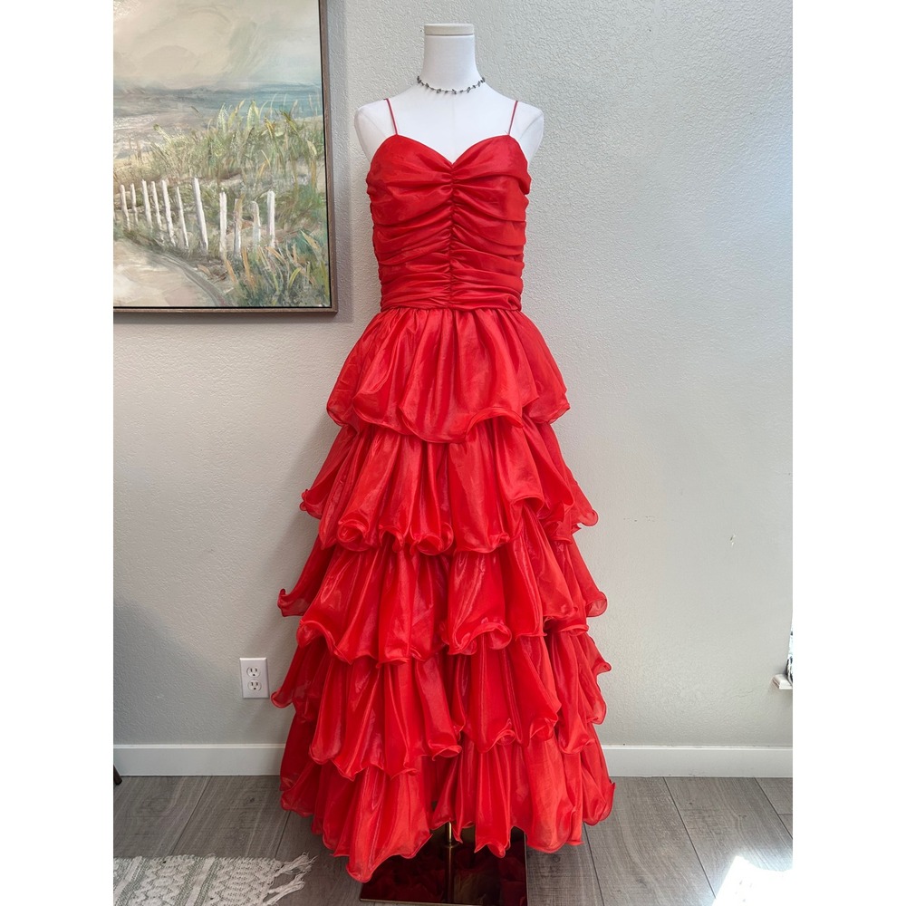 Vintage 80s Red Organza Tiered Ruffle Ball Gown Prom Princess Dress